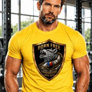New! TRICOU LUPUL DACIC / Marimi pana la 3XL / Aduce în prezent forța unui simbol autentic. Galben Gold. Scut.
