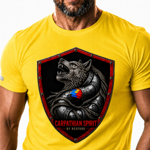 New! TRICOU LUPUL DACIC / Marimi Europene Pana la 3XL / Aduce în prezent forța unui simbol autentic. Galben Gold. Cod D2