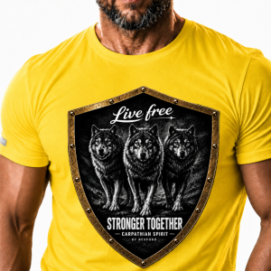 New! Tricou SPIRITUL LUPILOR. Marimi pana la 3XL / Aduce în prezent forța unui simbol autentic. Galben Gold.